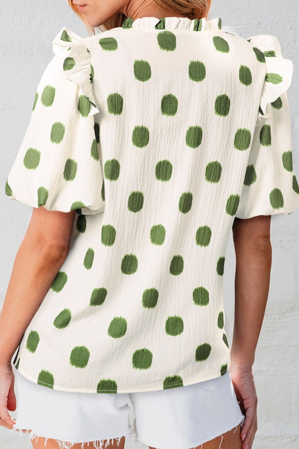 Polka Dot Shirred Yoke Notched Neck Puff Sleeve Blouse - felvior