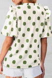 Polka Dot Shirred Yoke Notched Neck Puff Sleeve Blouse - felvior