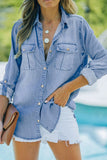 Pocketed Collared Neck Long Sleeve Denim Top - felvior