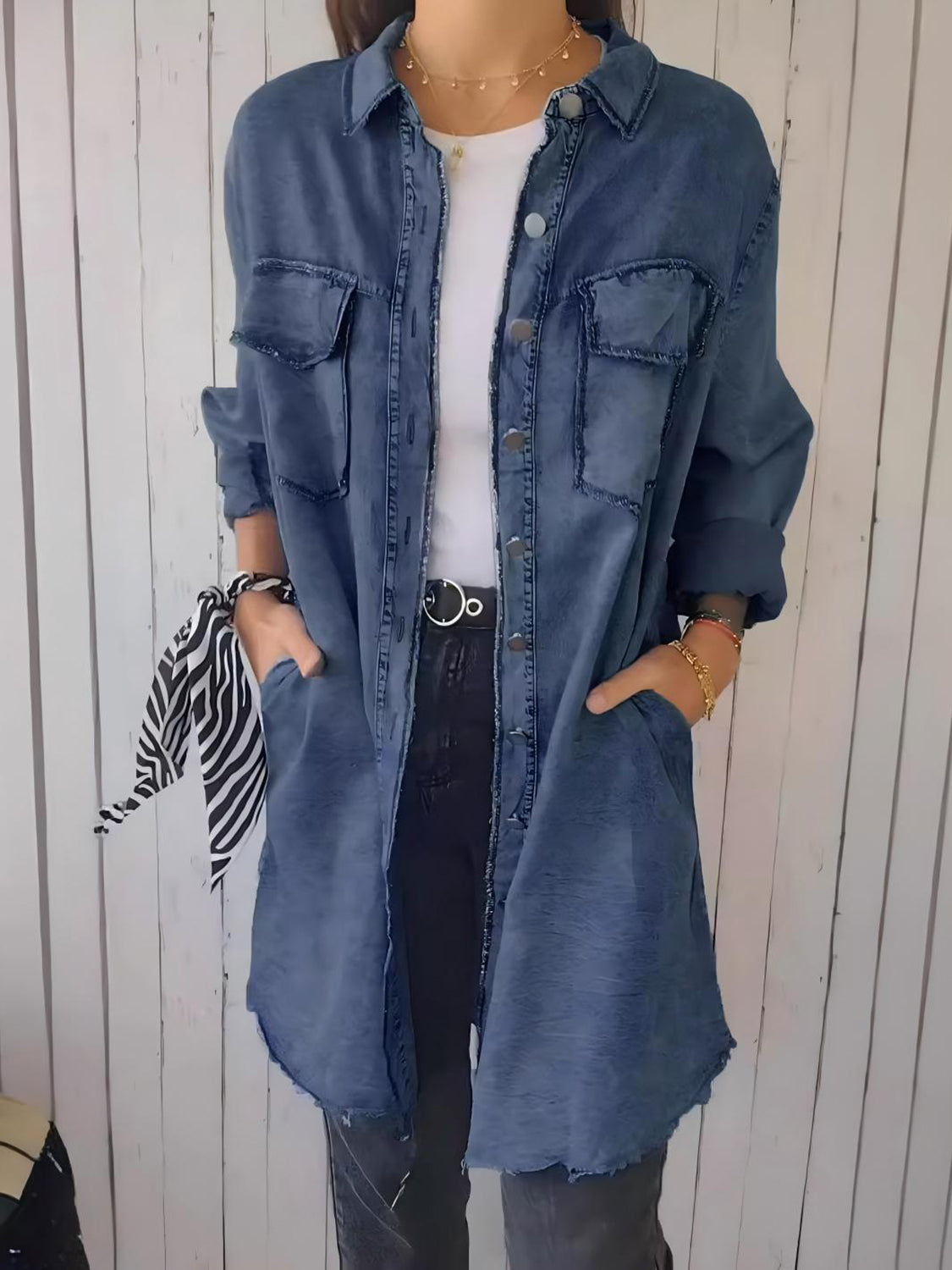 Full Size Raw Hem Button Up Long Sleeve Denim Top Plus Size - felvior