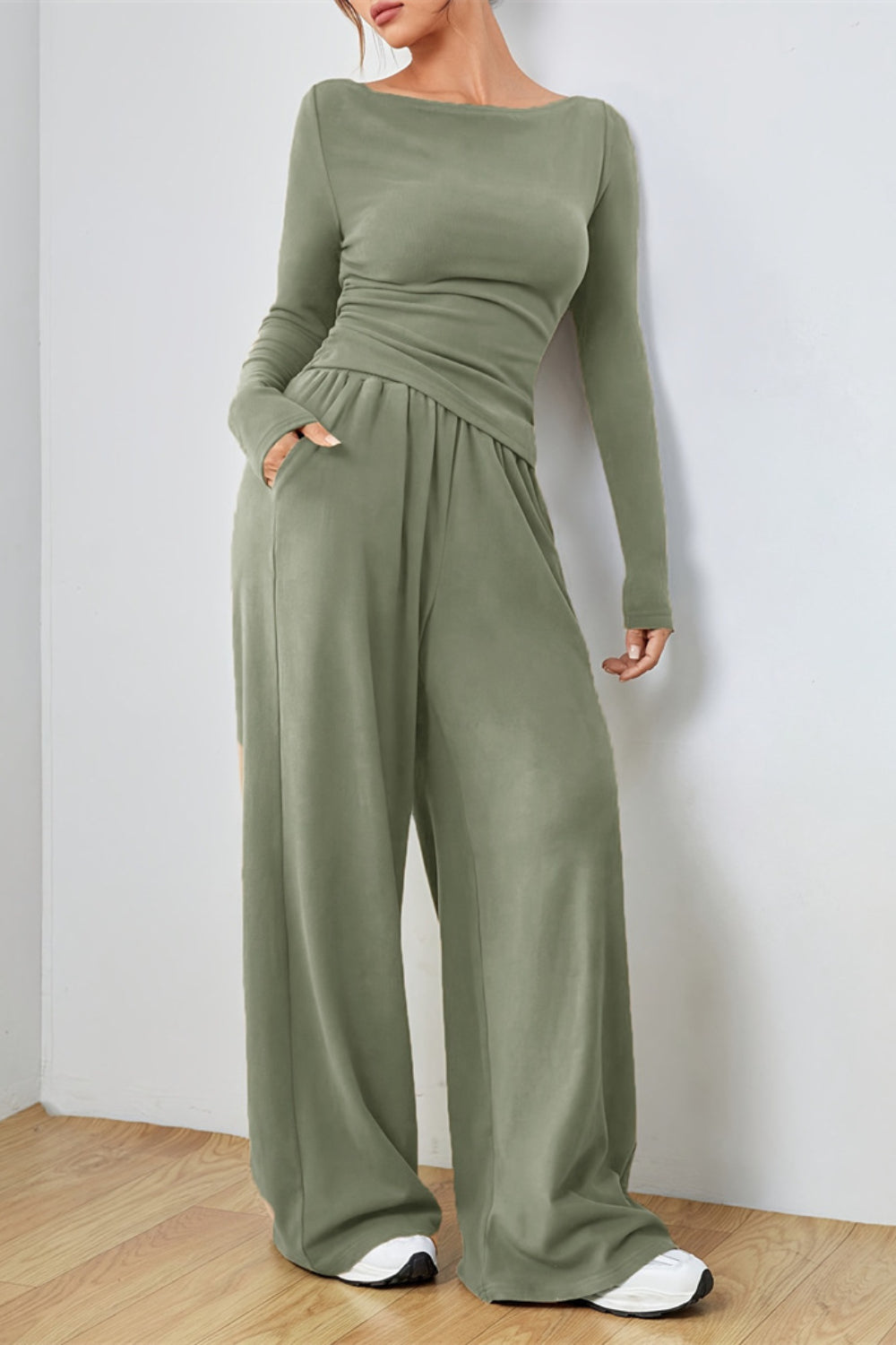Boat Neck Long Sleeve Top and Pants Set - felvior