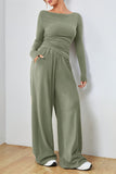 Boat Neck Long Sleeve Top and Pants Set - felvior