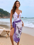 Printed Spaghetti Strap One-Piece Swimwear and Cover Up Swim Set