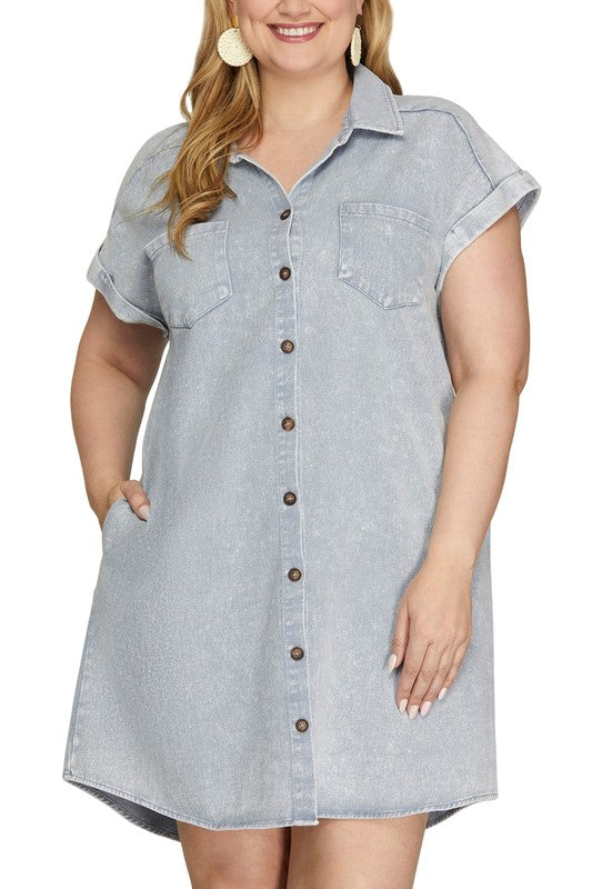 She + Sky Full Size Folded Cuff Button Down Washed Twill Shirt Dress Plus Size Zweitbild