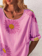 Full Size Flower Round Neck Half Sleeve T-Shirt Plus Size