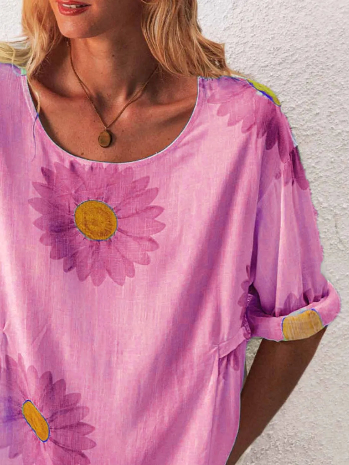 Full Size Flower Round Neck Half Sleeve T-Shirt Plus Size