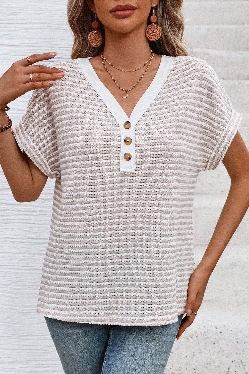 Stripe Buttoned Front V Neck T Shirt