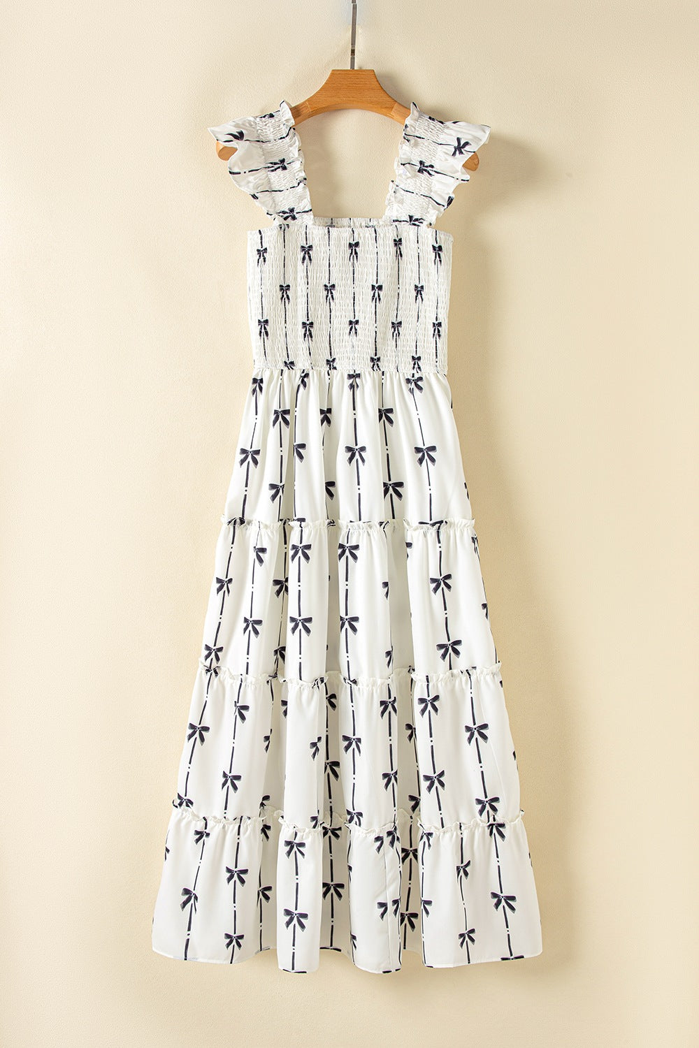 Bow Print Smocked Square Neck Ruffle Tiered Maxi Dress