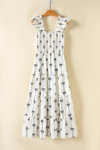 Bow Print Smocked Square Neck Ruffle Tiered Maxi Dress