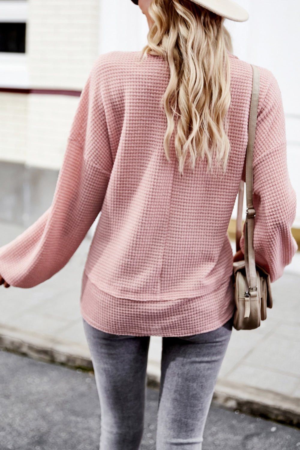 Devine Waffle-Knit V-Neck Long Sleeve Top