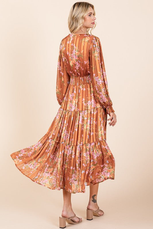 Mittoshop Flower Print Satin Lurex Stripe Smocked Midi Dress - felvior