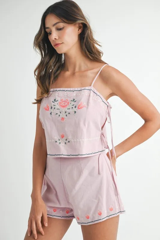 MABLE Embroidered Crop Top and Shorts Set