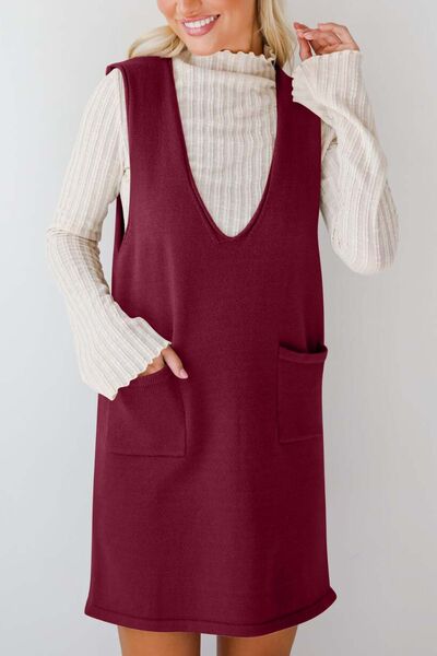 Lovelet Pocketed V-Neck Mini Sweater Overall Dress