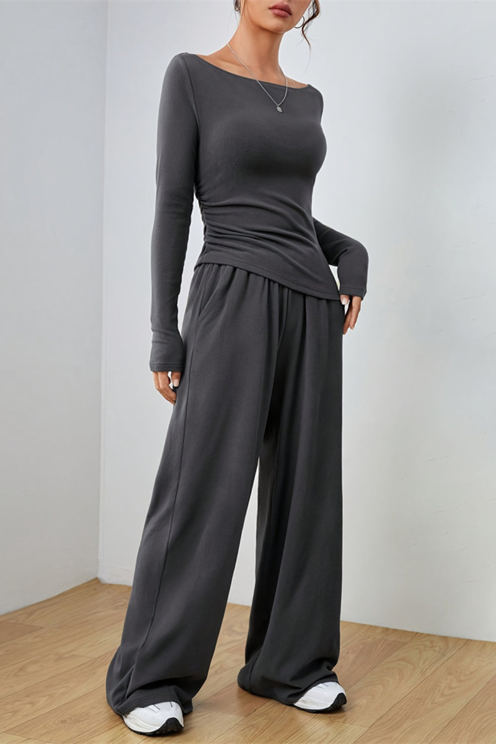 Boat Neck Long Sleeve Top and Pants Set - felvior