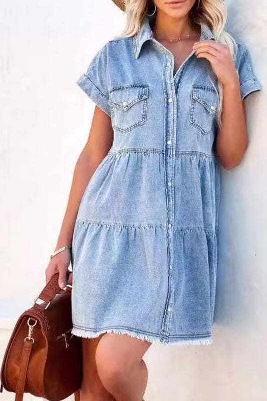 Raw Hem Button Down Denim Mini Dress - felvior