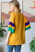 Heimish Full Size Round Neck Color Block Ruffled Half Sleeve Top Plus Size