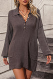 Collared Neck Long Sleeve Sweater Dress with Pockets - felvior