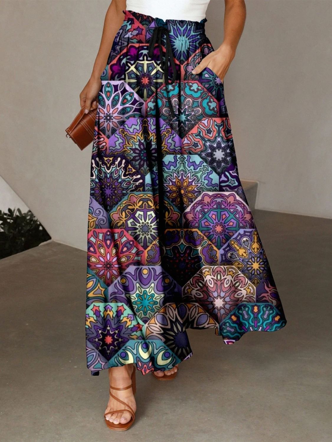 Printed Maxi Skirt with Pockets - felvior