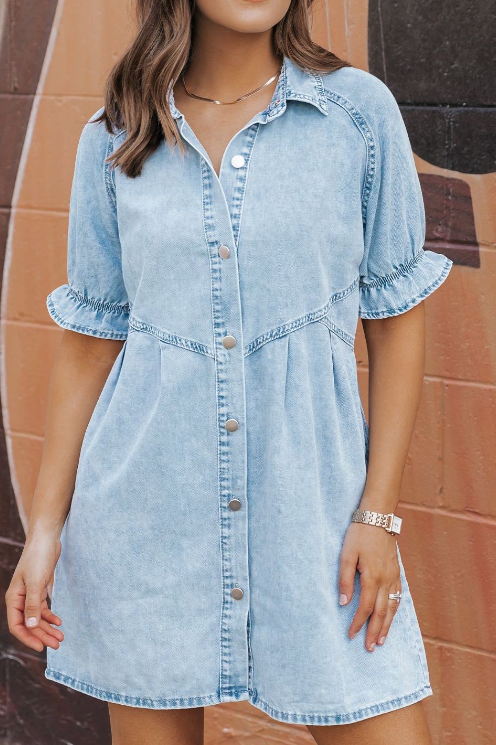 Mineral Wash Ruffle Sleeve Denim Dress - felvior