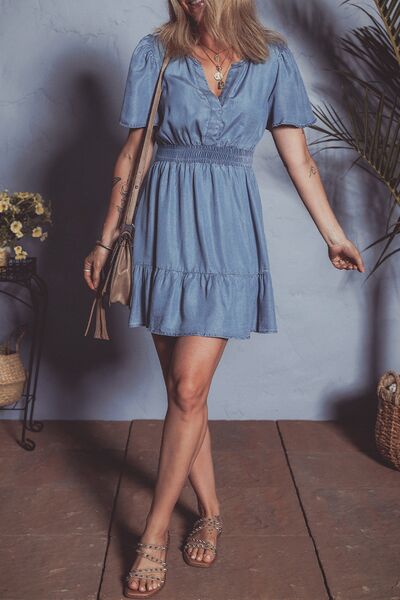 Ruffled Hem Smocked Flutter Sleeve Denim Mini Dress
