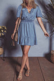 Ruffled Hem Smocked Flutter Sleeve Denim Mini Dress
