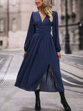 Perfee V-Neck Long Sleeve Pleated Slit Dress - felvior