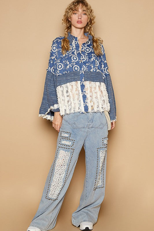 POL Lace Hem Embroidered Long Sleeve Shirt - felvior