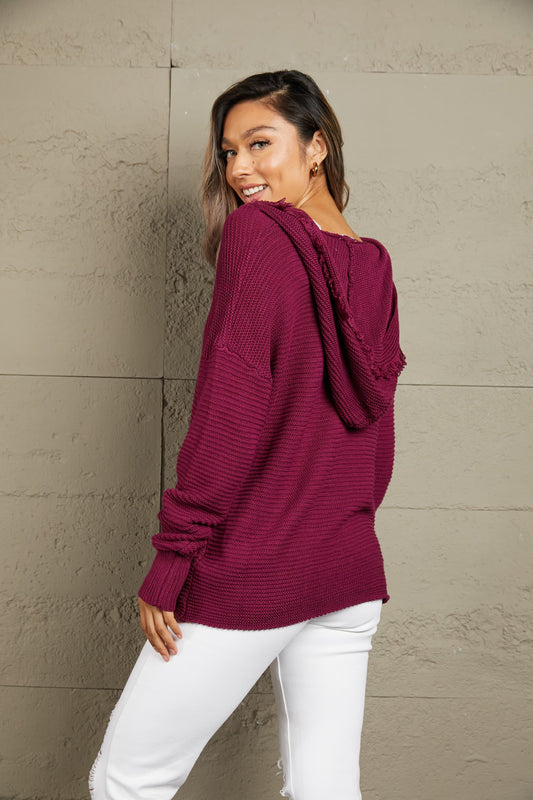 Woven Right Horizontal Ribbing Fringe Trim Hooded Sweater - felvior