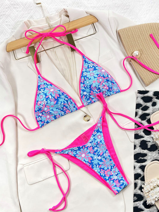 Floral Halter Neck Tie Side Bikini Set - felvior