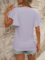 Eyelet Round Neck Flutter Sleeve Top