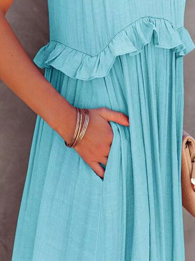 Ruffled Sleeveless Tiered Maxi Dress with Pockets - felvior