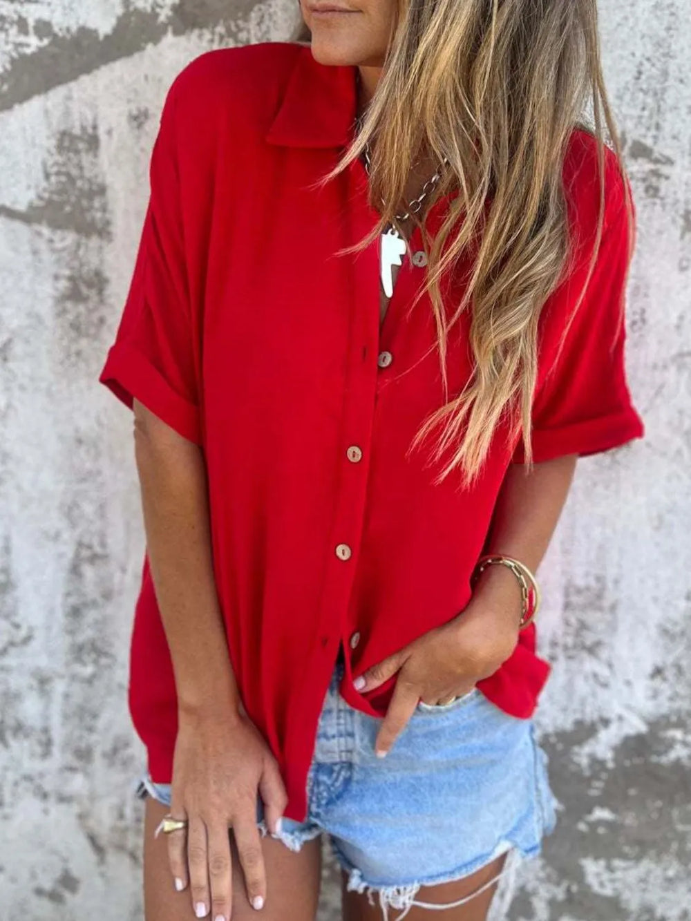 Full Size Collared Neck Half Sleeve Shirt Plus Size