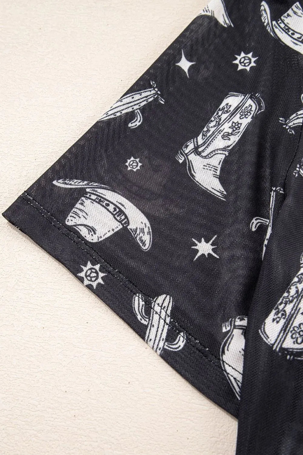 Western Pattern Mesh Sheer Crew Neck Top