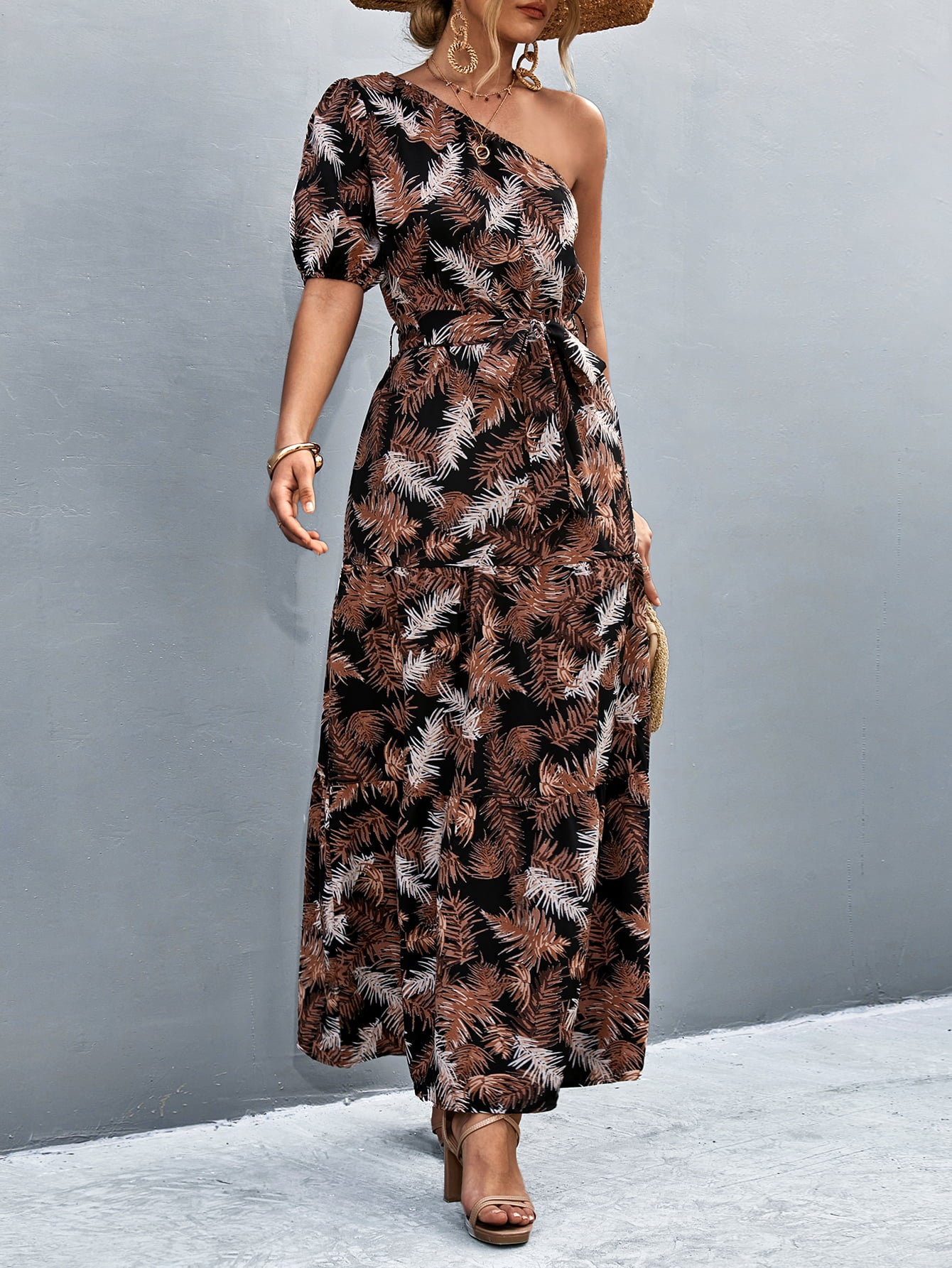 Printed Tie Waist One Shoulder Maxi Dress - felvior