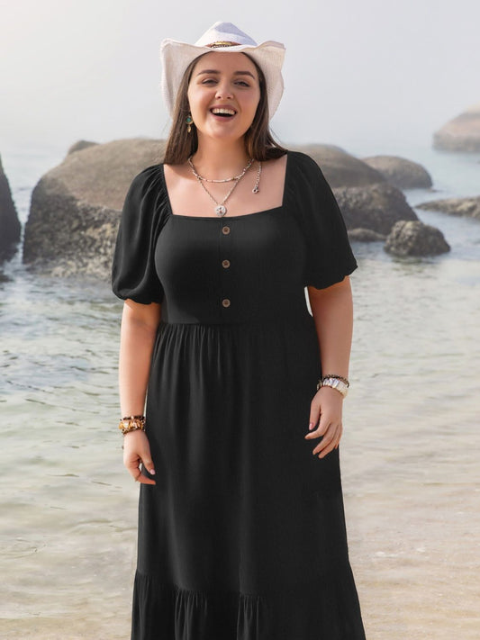 Plus Size Ruffled Hem Square Neck Short Sleeve Dress - felvior