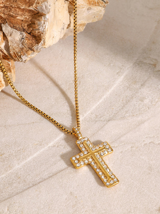 18K Gold-Plated Inlaid Zircon Cross Necklace - felvior