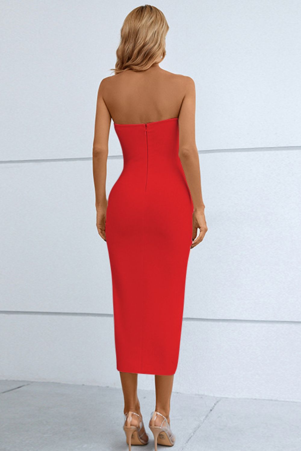 Cutout Strapless Drawstring Detail Split Bandage Dress - felvior