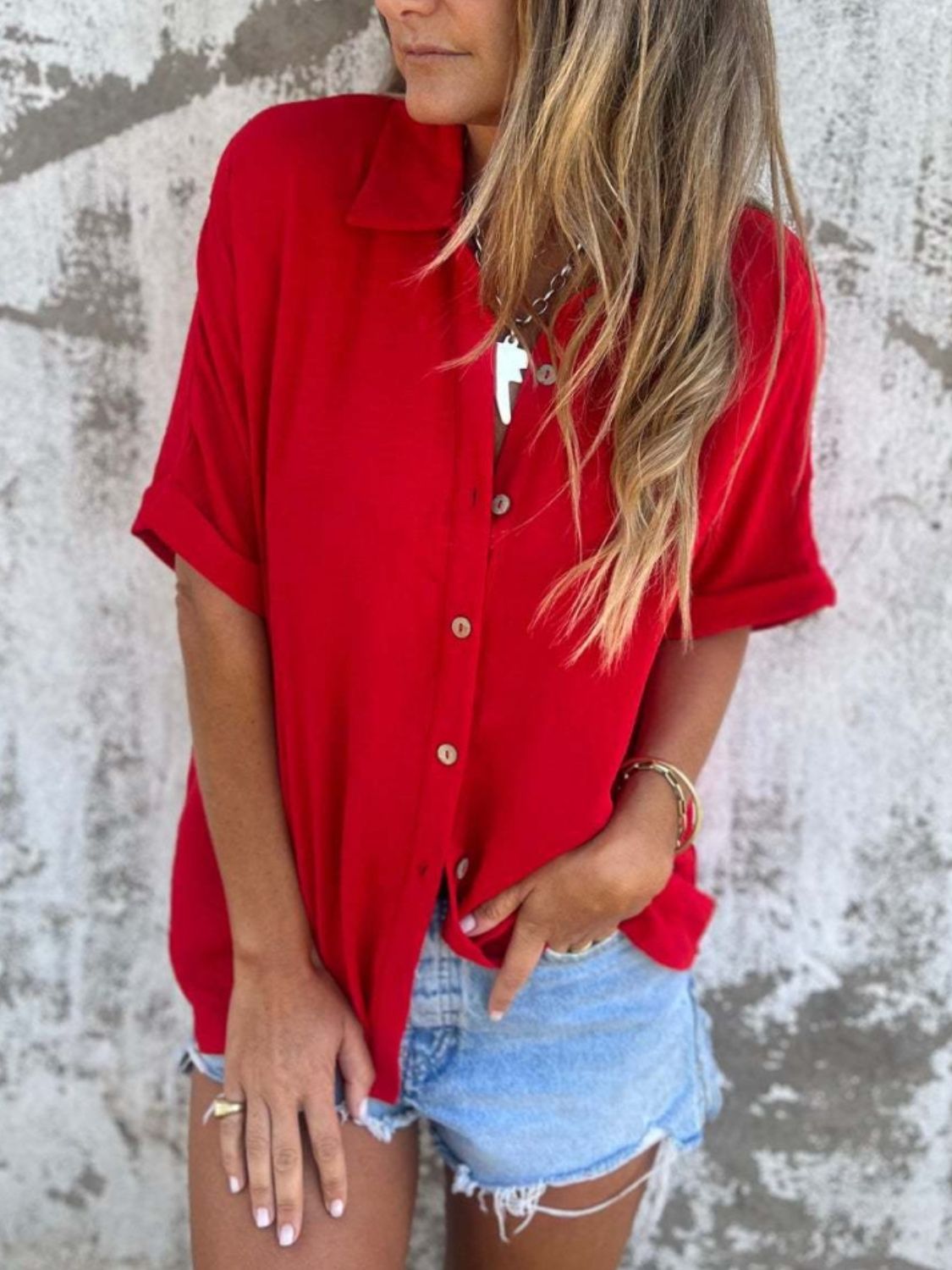 Full Size Collared Neck Half Sleeve Shirt Plus Size - felvior