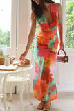 Split Crisscross Back Printed Plunge Maxi Dress - felvior