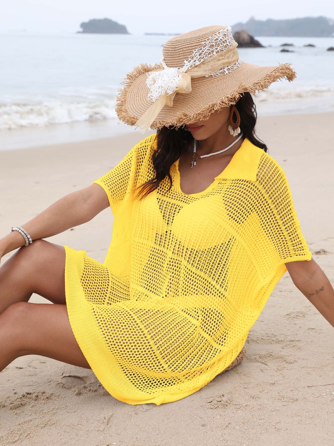 Hollow Out Collared Neck Cover-Up - felvior