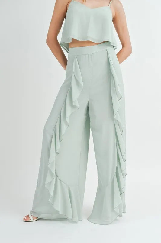 MABLE Crop Cami and Ruffled Wide Leg Pants Set - felvior