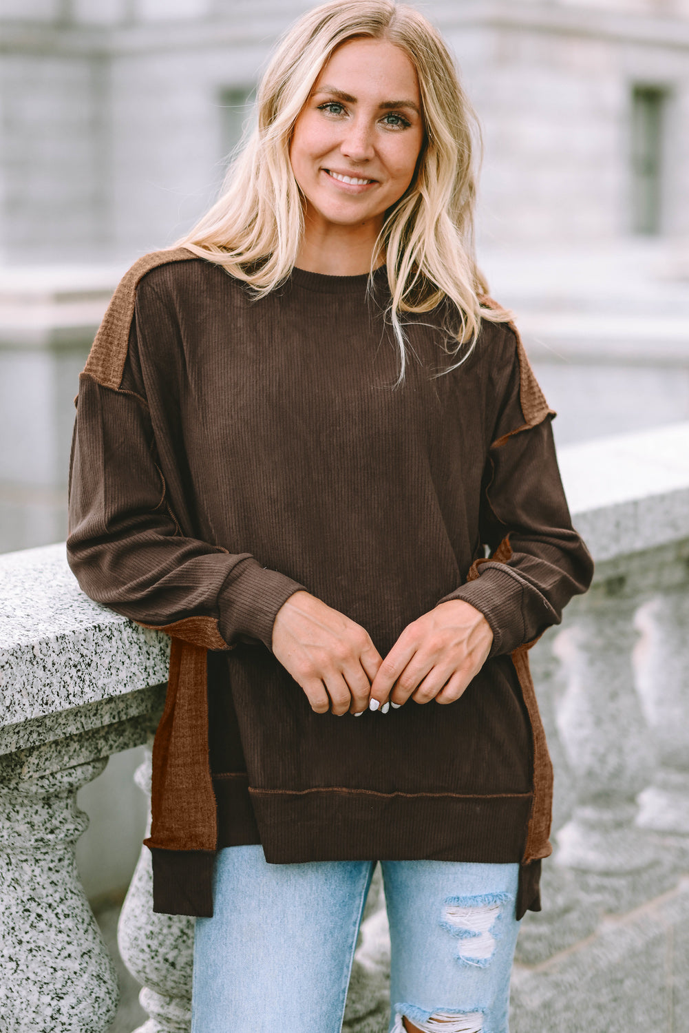 Ribbed Exposed Seam Dropped Shoulder Blouse - felvior