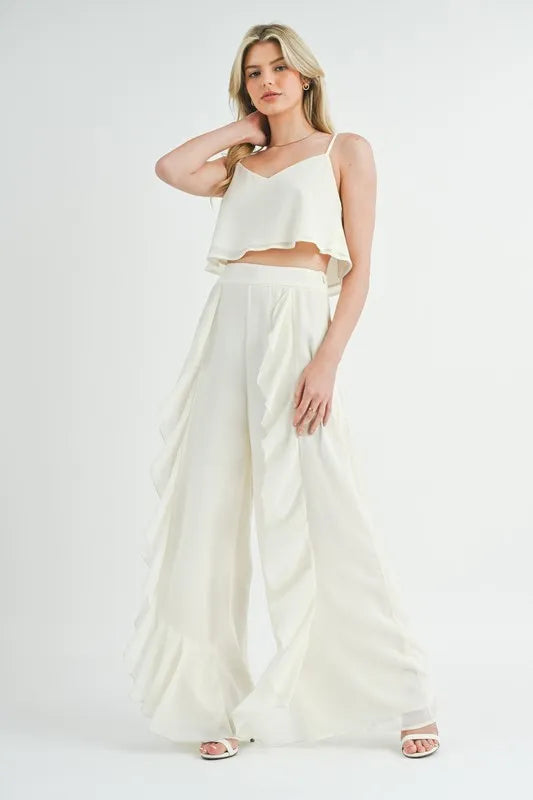 MABLE Crop Cami and Ruffled Wide Leg Pants Set