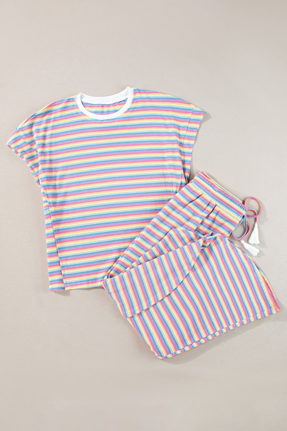 Striped Round Neck Short Sleeve Top and Pants Set - felvior