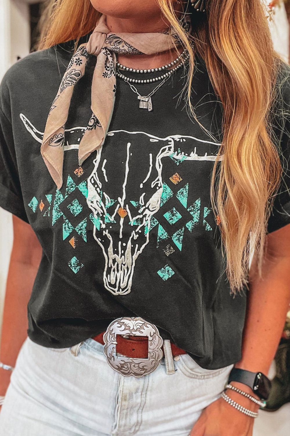 Bull Head Skull Round Neck Short Sleeve T Shirt Hauptbild