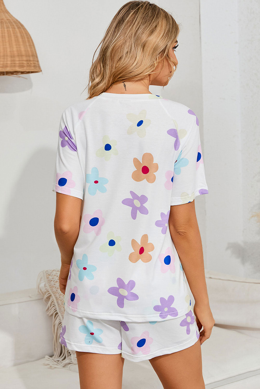 Floral Round Neck Raglan Sleeve Top and Shorts Lounge Set - felvior
