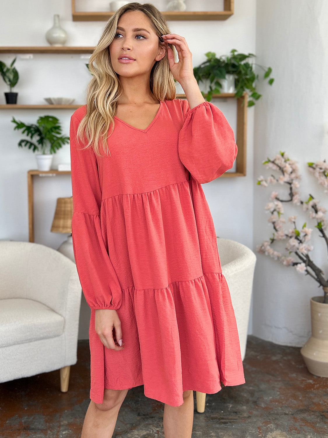 Double Take Full Size V-Neck Balloon Sleeve Tiered Dress with Pockets - felvior