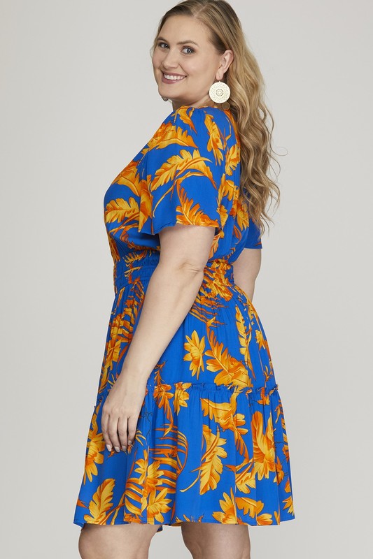 She + Sky Full Size Printed Notched Short Sleeve Frill Tiered Dress Plus Size - felvior