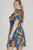 She + Sky Full Size Printed Notched Short Sleeve Frill Tiered Dress Plus Size - felvior