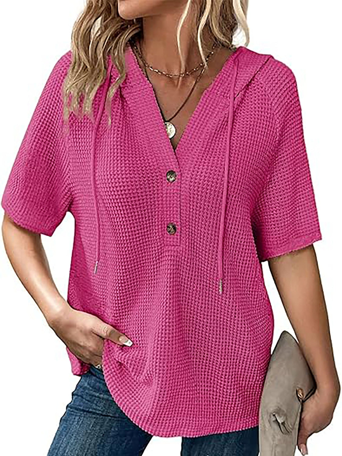 Waffle-Knit Hooded Short Sleeve Blouse - felvior